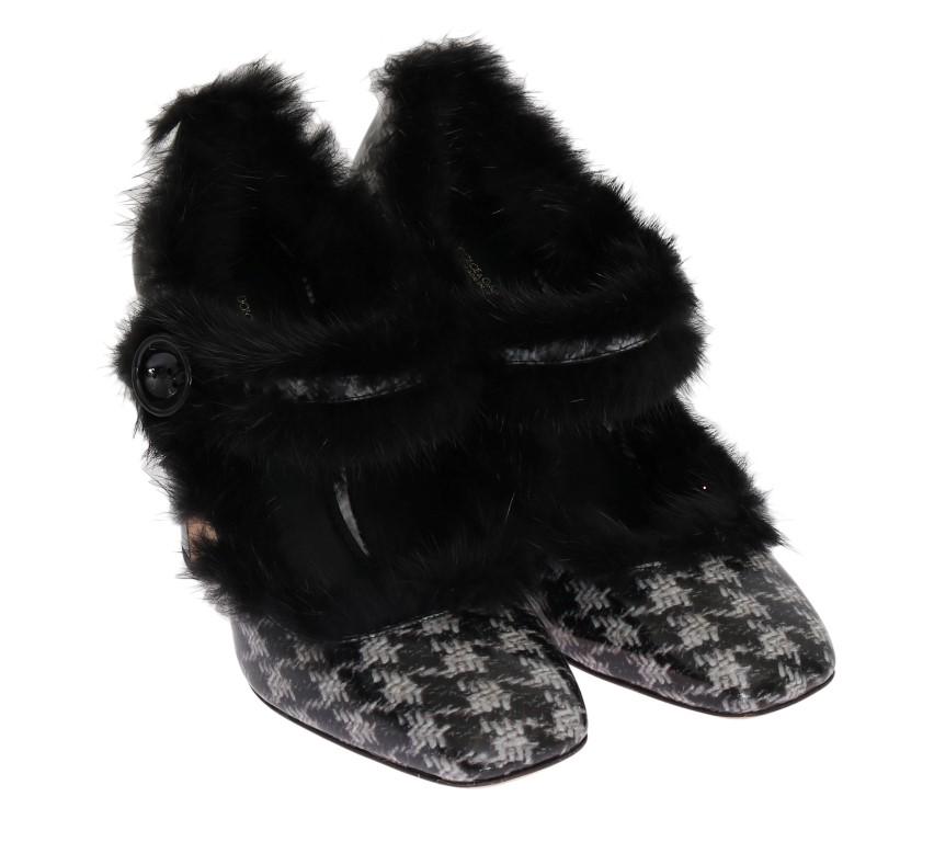 Black White Leather Print Fur Pumps