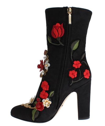 Black Roses Crystal Brocade Heel Boots