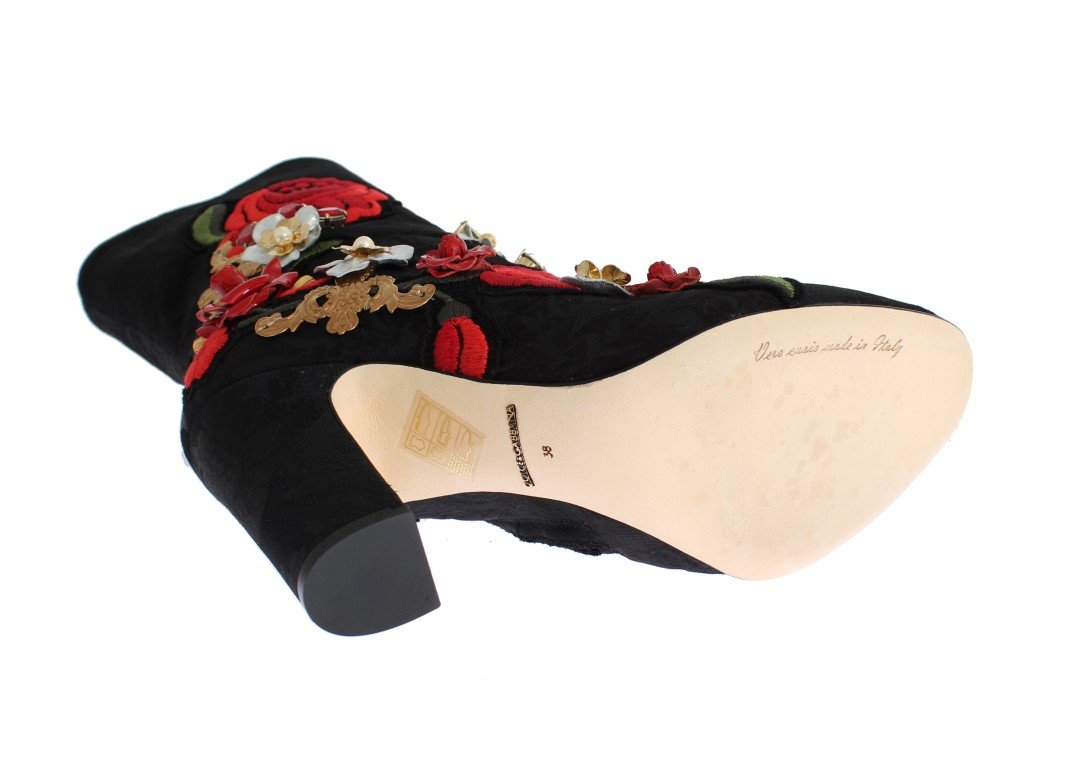 Black Roses Crystal Brocade Heel Boots