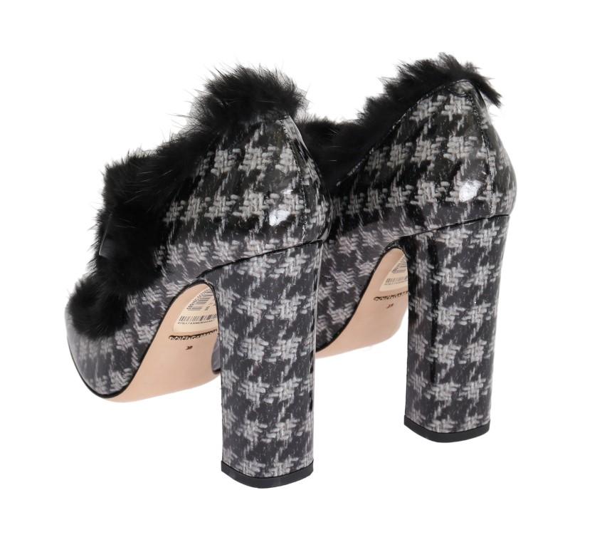 Black White Leather Print Fur Pumps