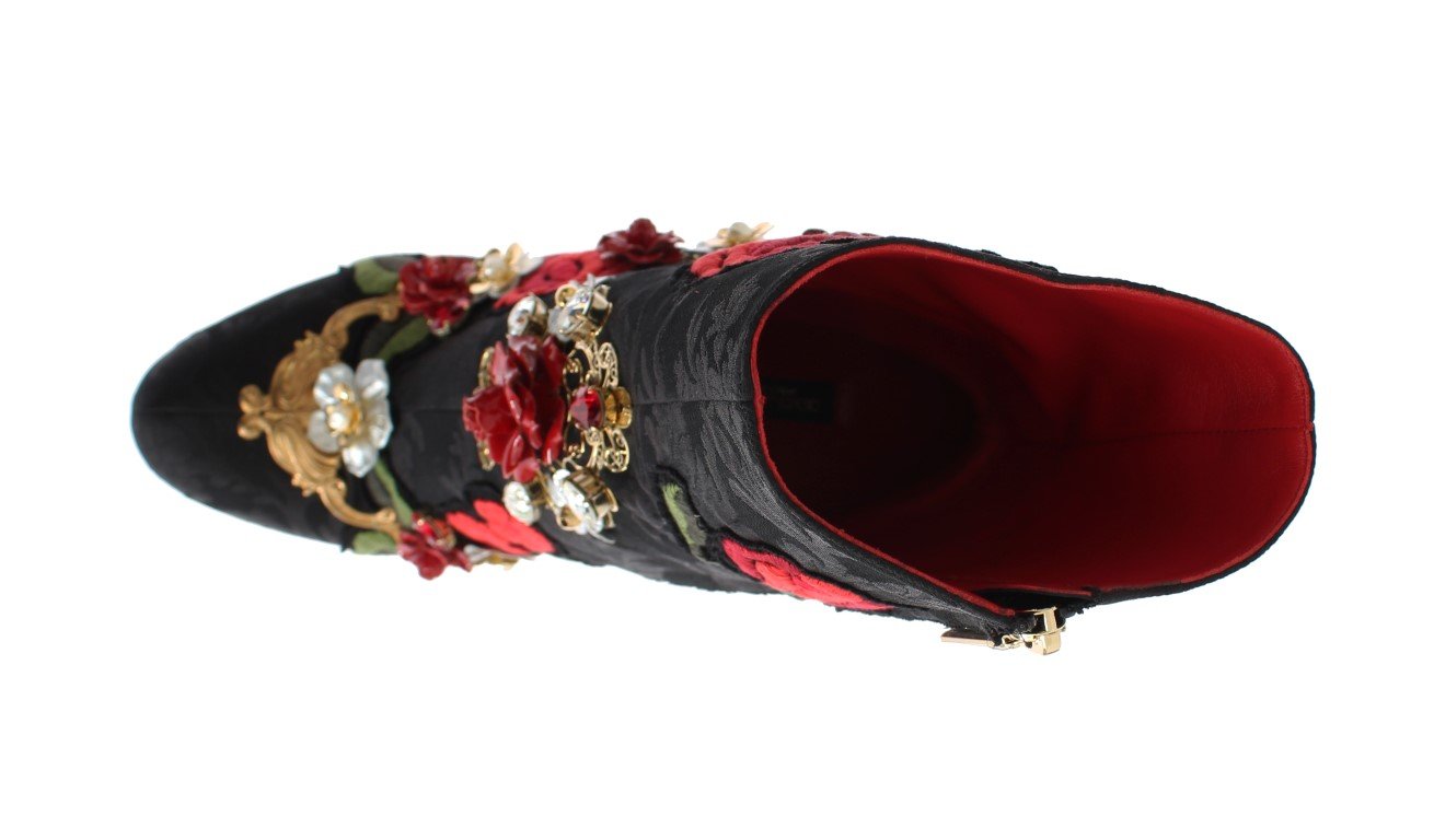 Black Roses Crystal Brocade Heel Boots