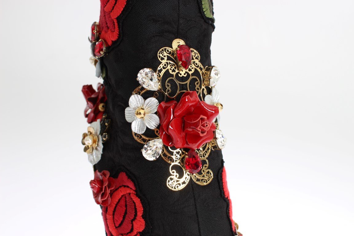 Black Roses Crystal Brocade Heel Boots