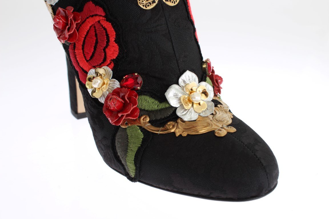 Black Roses Crystal Brocade Heel Boots