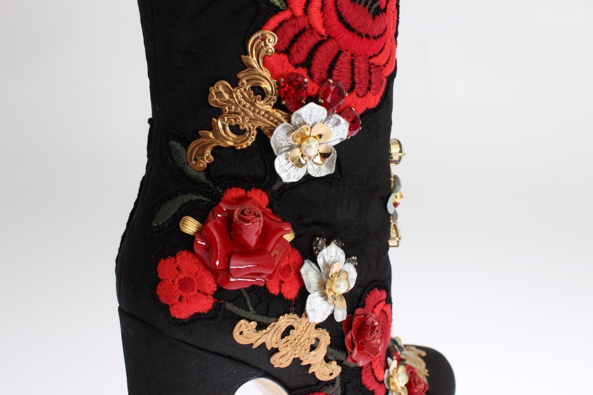 Black Roses Crystal Brocade Heel Boots