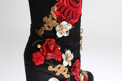 Black Roses Crystal Brocade Heel Boots