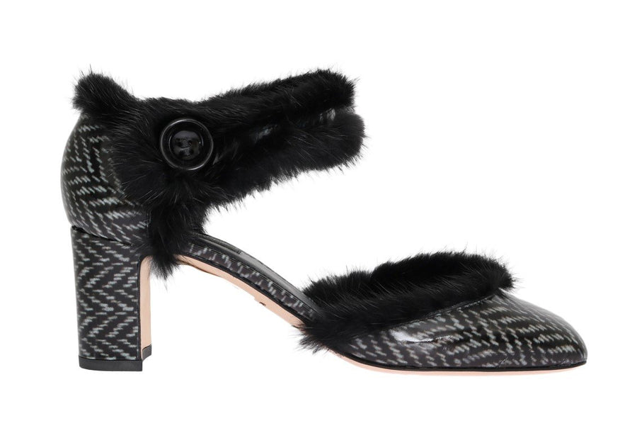 Black White Leather Print Fur Pumps