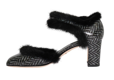 Black White Leather Print Fur Pumps
