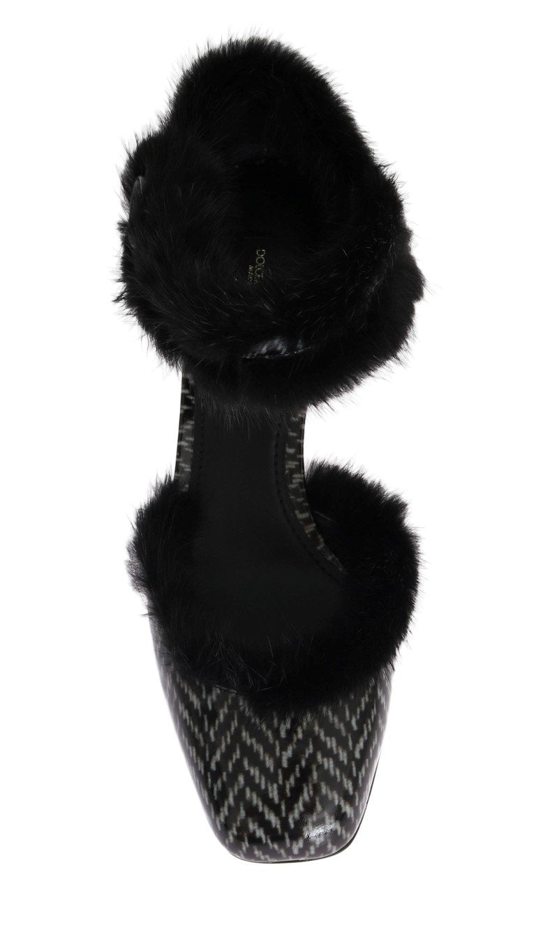 Black White Leather Print Fur Pumps