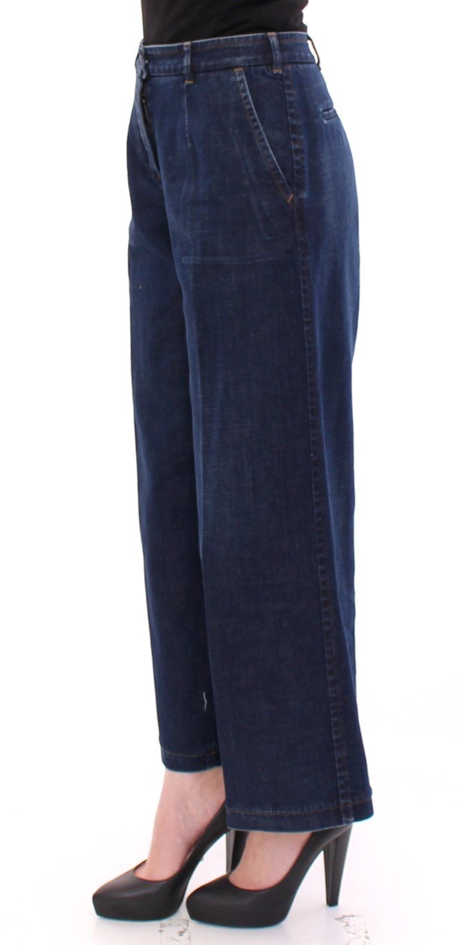 Blue Cotton Solid Pattern Logo Jeans Pants