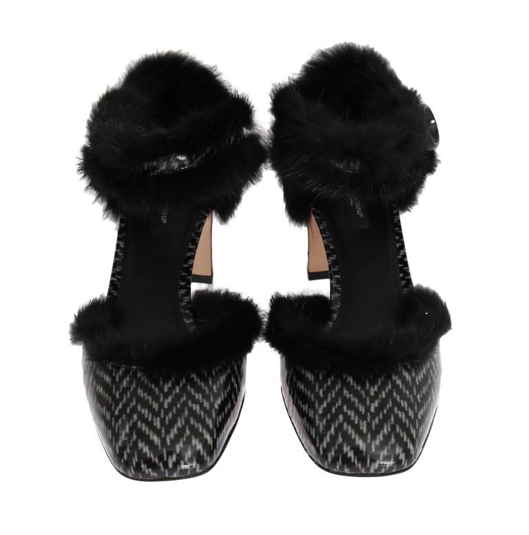 Black White Leather Print Fur Pumps