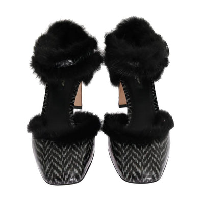Black White Leather Print Fur Pumps