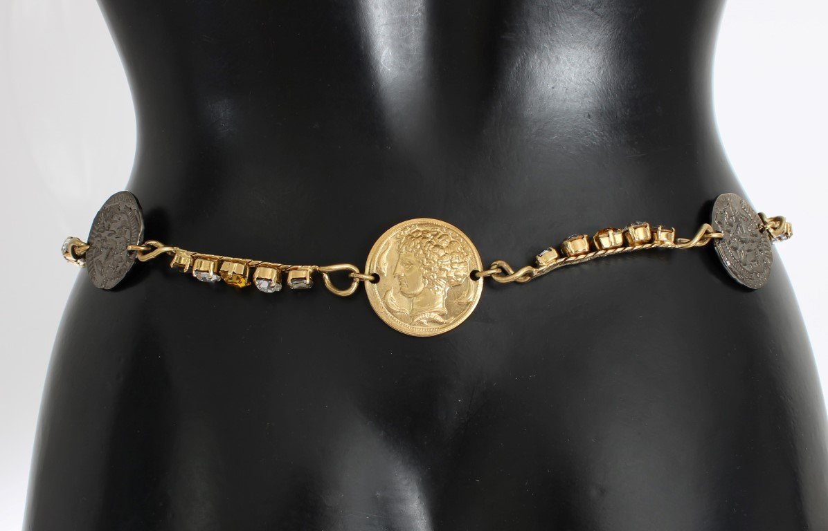 Brown Leather Roman Crystal Waist Belt