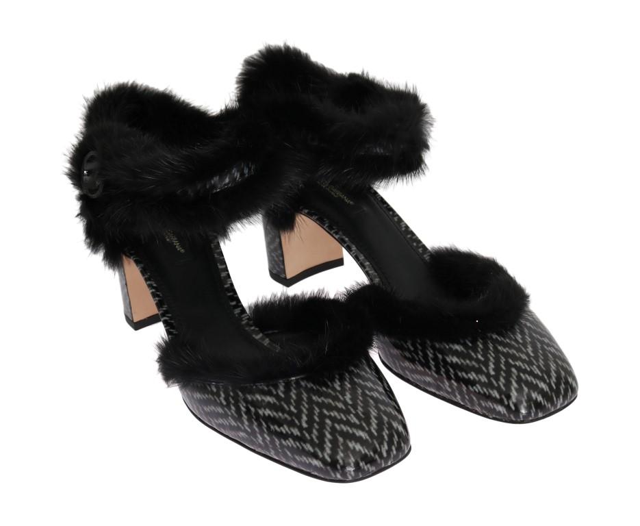 Black White Leather Print Fur Pumps