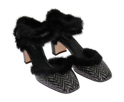 Black White Leather Print Fur Pumps