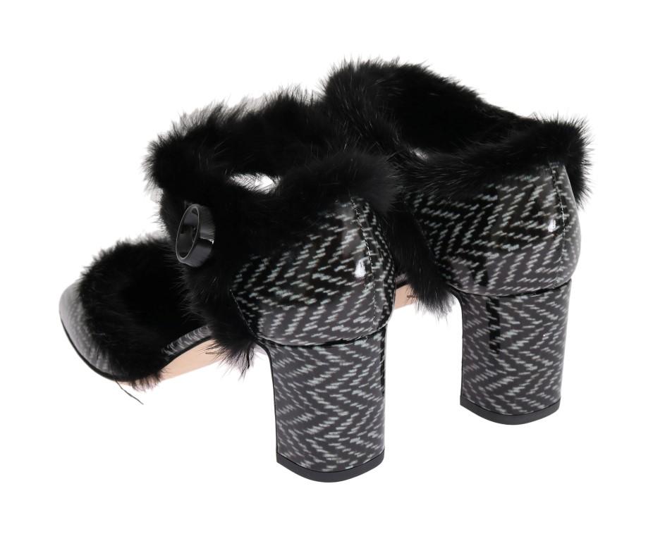Black White Leather Print Fur Pumps