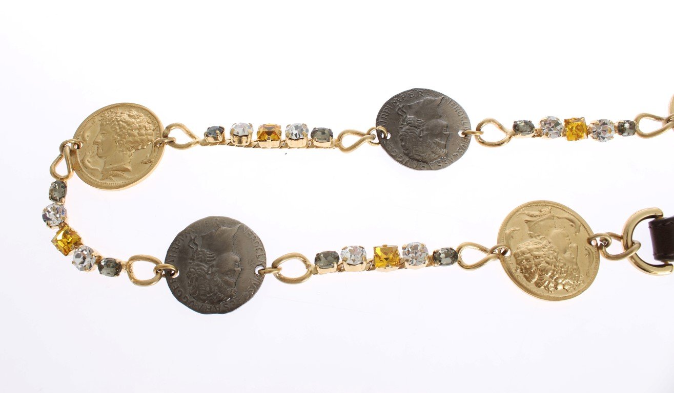 Brown Leather Roman Crystal Waist Belt
