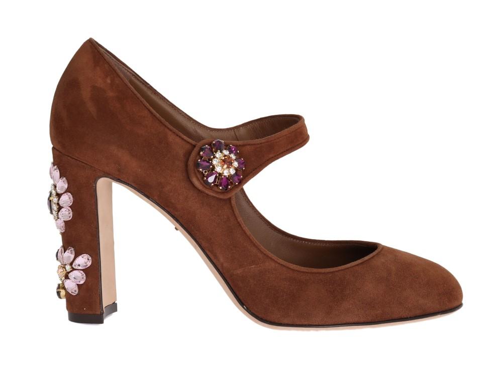Brown Crystal Floral Suede Pumps