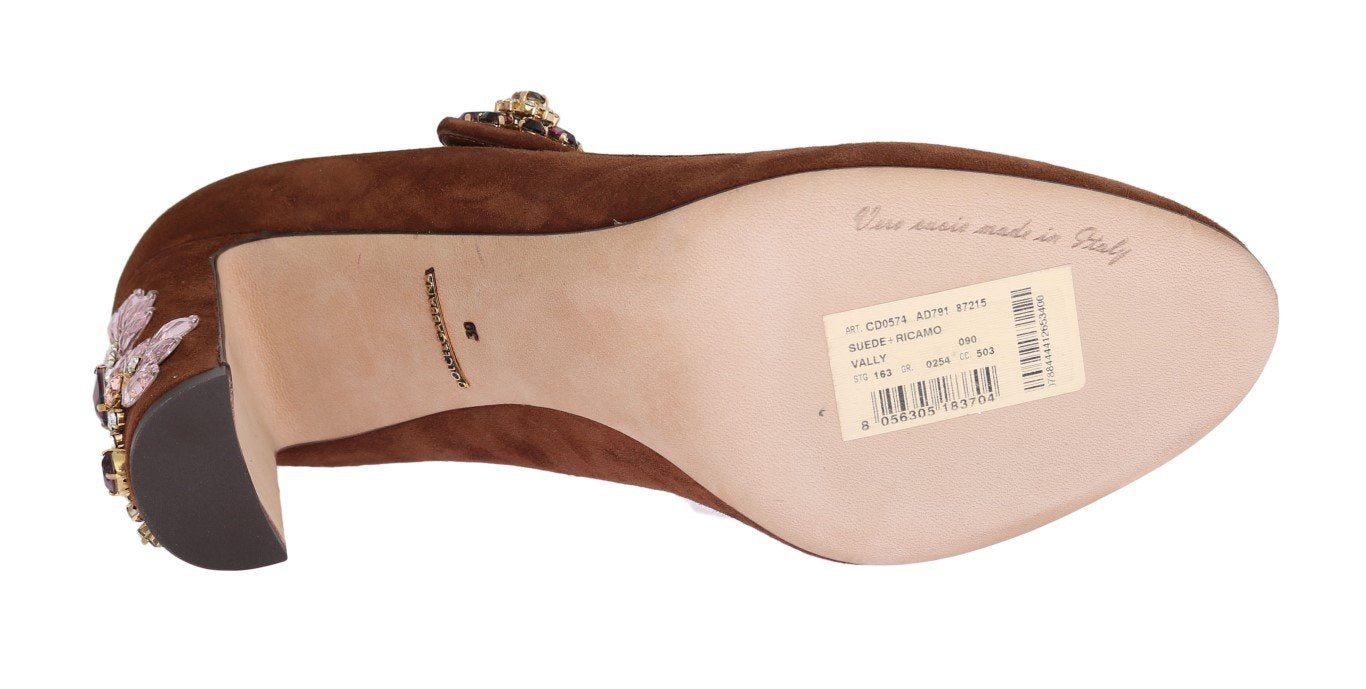 Brown Crystal Floral Suede Pumps