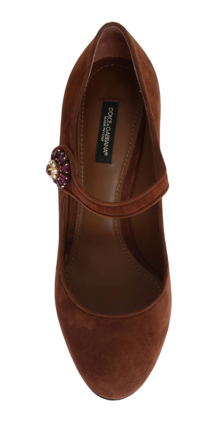 Brown Crystal Floral Suede Pumps