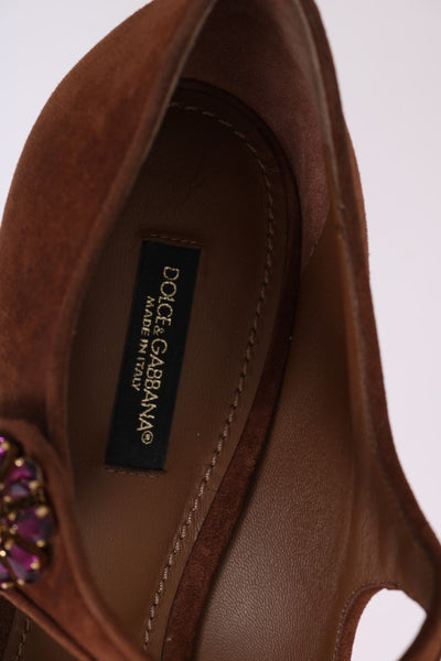 Brown Crystal Floral Suede Pumps