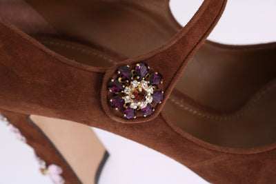 Brown Crystal Floral Suede Pumps