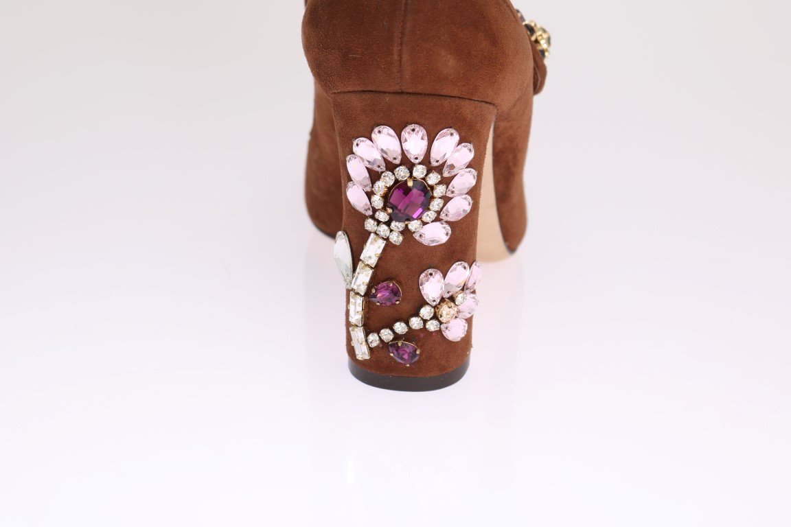 Brown Crystal Floral Suede Pumps