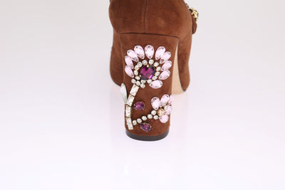 Brown Crystal Floral Suede Pumps