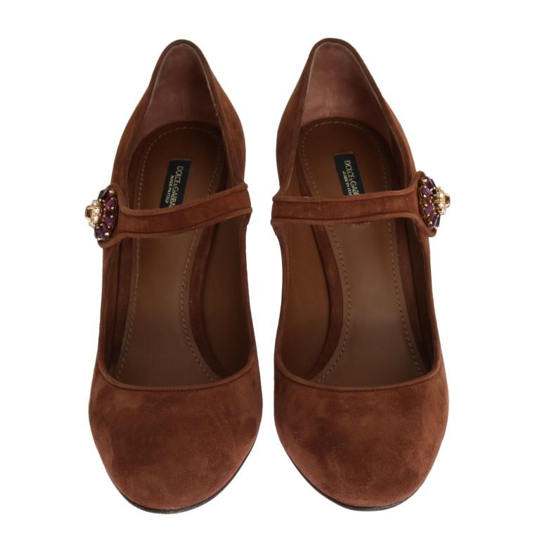 Brown Crystal Floral Suede Pumps
