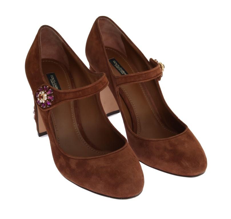 Brown Crystal Floral Suede Pumps
