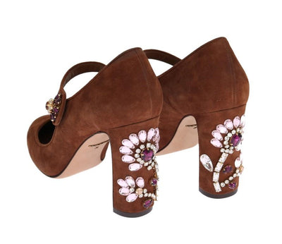 Brown Crystal Floral Suede Pumps