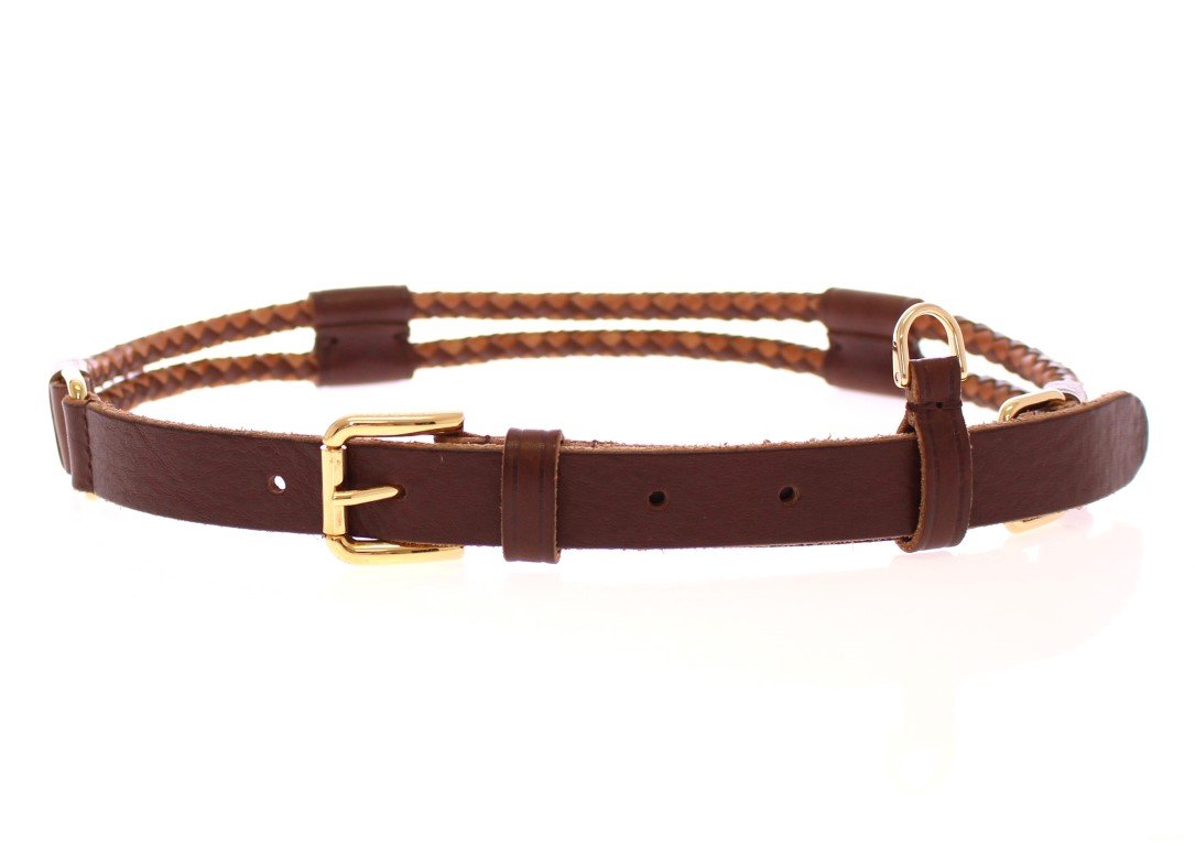 Brown Leather Logo Gold Buckle Belt