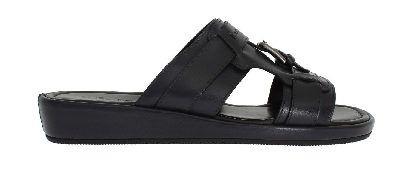 Blue Leather Logo Slides Sandals