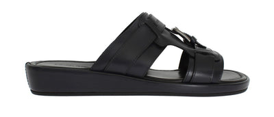 Blue Leather Logo Slides Sandals