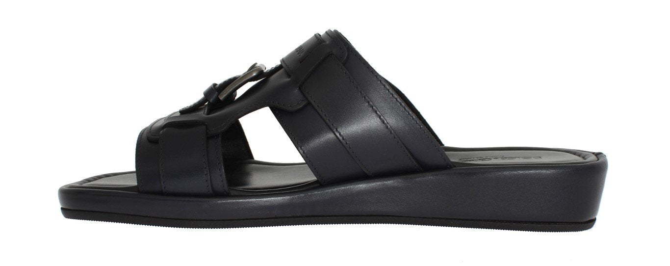 Blue Leather Logo Slides Sandals