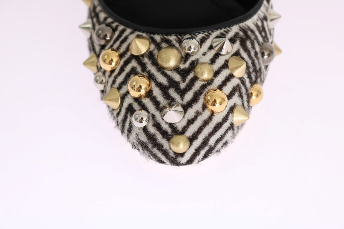 Black White Pony Hair Studded Leather Shoes