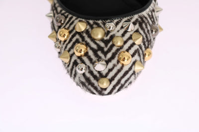 Black White Pony Hair Studded Leather Shoes