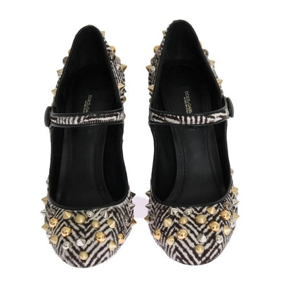 Black White Pony Hair Studded Leather Shoes