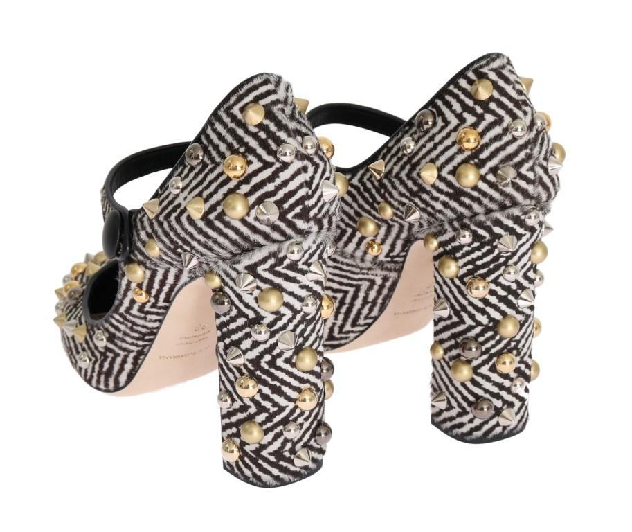 Black White Pony Hair Studded Leather Shoes