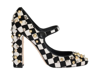 Black White Pony Fur Studded Leather Shoes