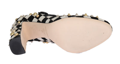 Black White Pony Fur Studded Leather Shoes