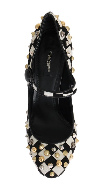 Black White Pony Fur Studded Leather Shoes
