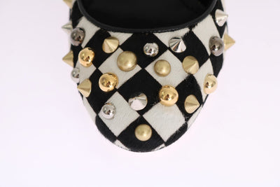 Black White Pony Fur Studded Leather Shoes