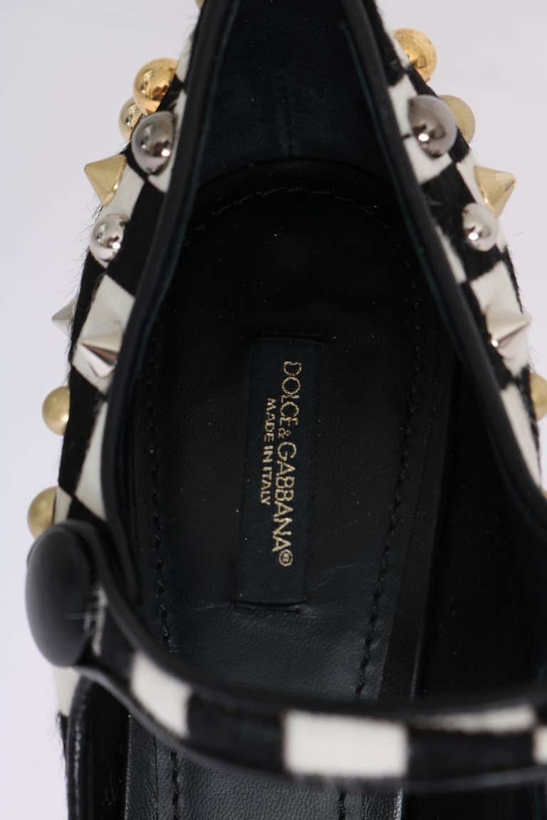 Black White Pony Fur Studded Leather Shoes