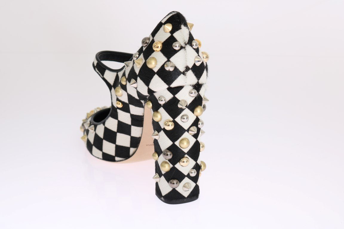 Black White Pony Fur Studded Leather Shoes