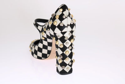 Black White Pony Fur Studded Leather Shoes