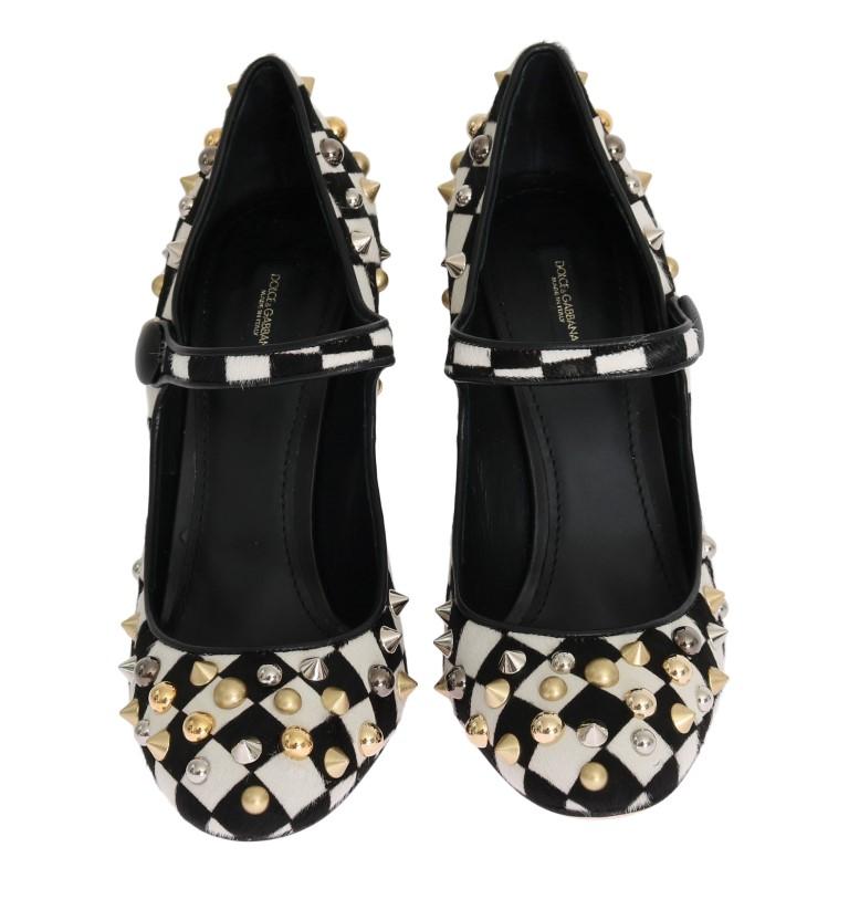 Black White Pony Fur Studded Leather Shoes