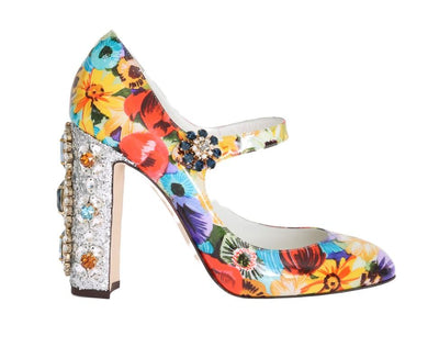 Floral Pattern Crystal Heels Leather Shoes