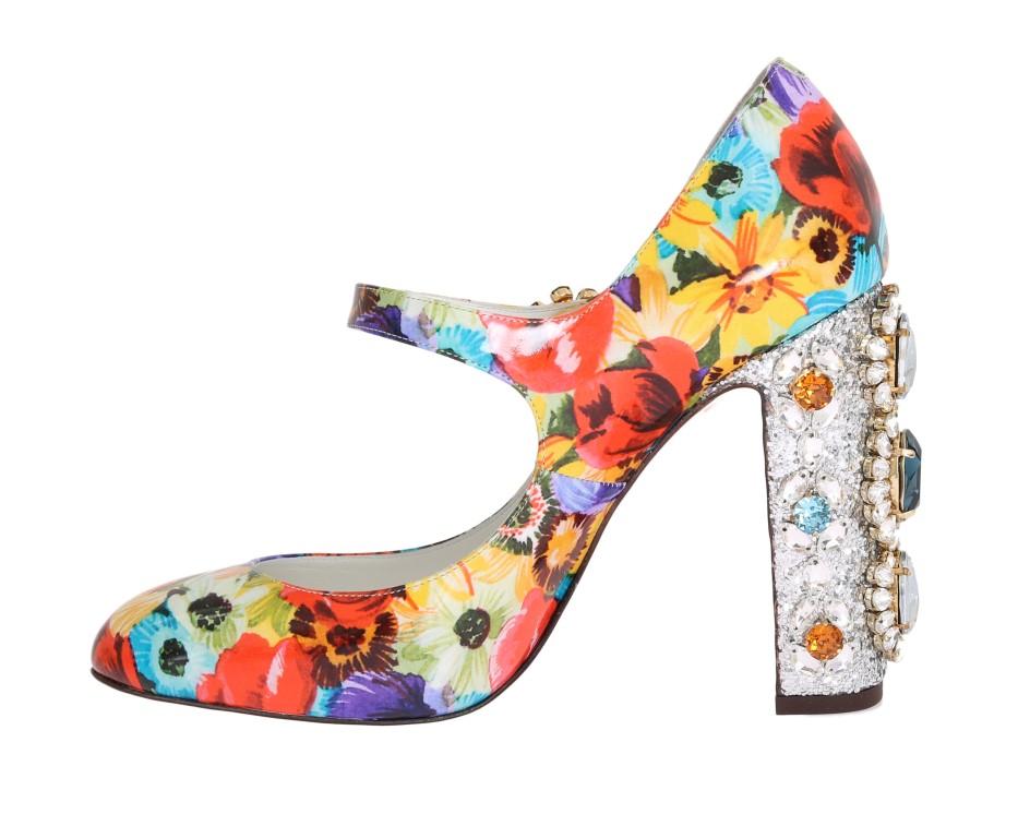 Floral Pattern Crystal Heels Leather Shoes