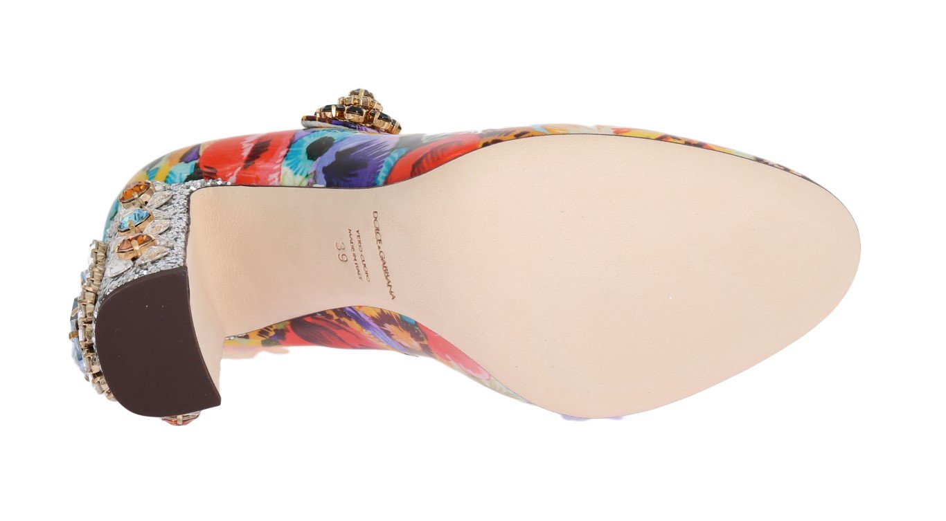 Floral Pattern Crystal Heels Leather Shoes