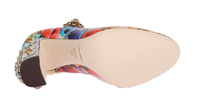 Floral Pattern Crystal Heels Leather Shoes